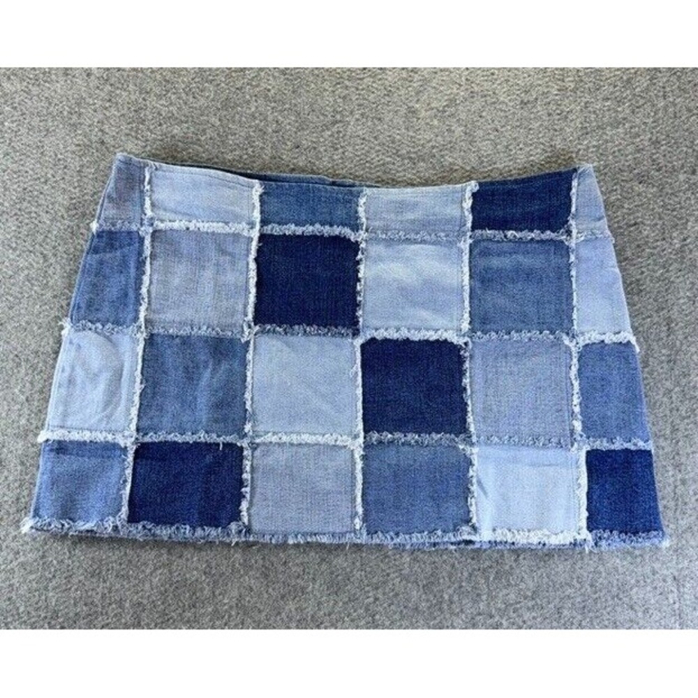 Vanessa‎ Mooney Patchwork Mini Skirt Womens 1X Blue Denim Frayed Boho New NWT